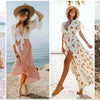 Four summer fashion looks featuring vibrant dresses and stylish accessories for a chic summer wardrobe.