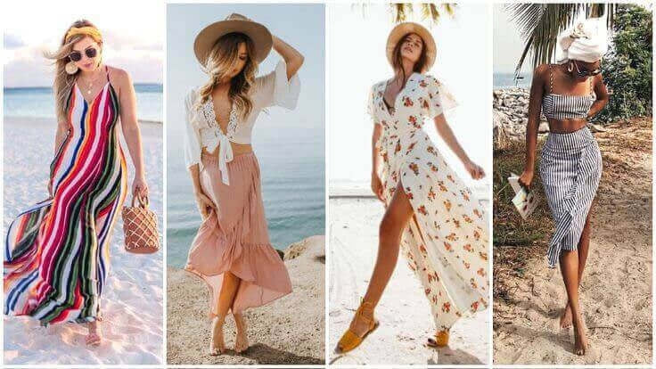 Four summer fashion looks featuring vibrant dresses and stylish accessories for a chic summer wardrobe.