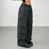 Casual dark gray high waist wide-leg trousers with elastic waist and cargo pockets for women.