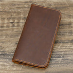 1082 Men's Long Wallet in dark brown genuine Crazy Horse leather, soft surface, perfect for cards and tickets.