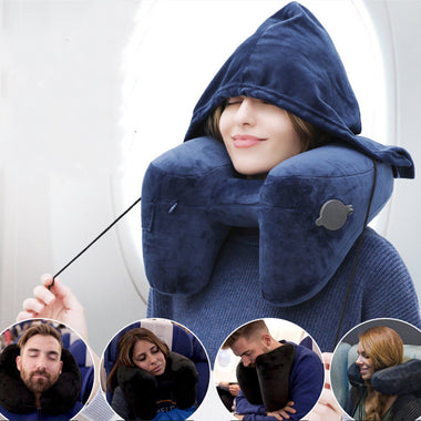 Hooded Inflatable Travel Pillow | High-Stability H-Shaped Neck Hub