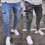 Men's cargo hole denim jeans in light blue and dark gray, featuring a tight fit and stylish distressed design.