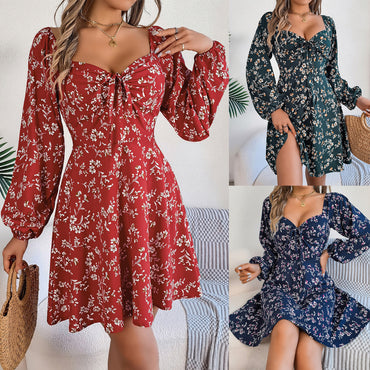 Square-Collar Floral A-Line Dress | Lace-Up Long-Sleeve Patterned Dress