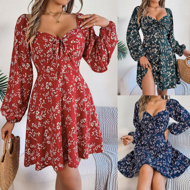 Square-Collar Floral A-Line Dress | Lace-Up Long-Sleeve Patterned Dress