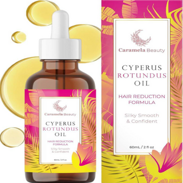 Caramela Beauty Cyperus Rotundus Oil with dropper and packaging on a yellow background