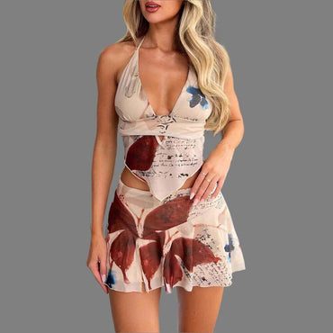 2-Piece Printed Halter Set | V-Neck Halter Top & Pleated Mini Skirt Set