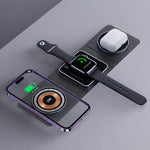 3 in 1 magnetic wireless charger station for iPhone, Apple Watch, and AirPods with fast charging features.