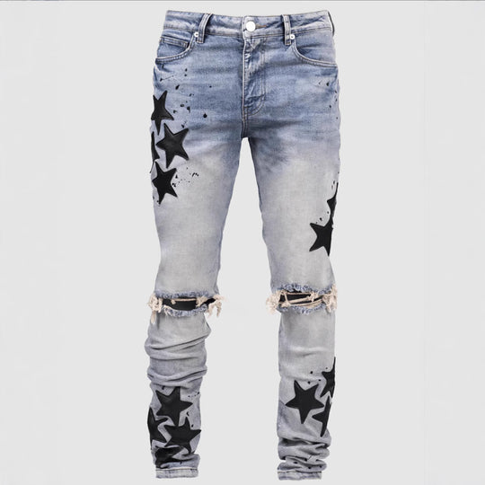 Men's slim stretch fashion jeans in light blue with star prints and distressed details, perfect for a trendy casual look.