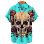 3D printed Hawaiian shirt featuring a skull design with floral accents, perfect for casual summer outings.