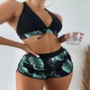 Stylish 3pcs leaf print bikini set with shorts, perfect for summer beach outings, featuring comfortable fit and trendy design.