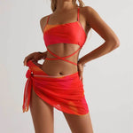 3pcs tie dye print bikini set with short skirt for summer beach, sexy swimwear for women in vibrant red and orange.