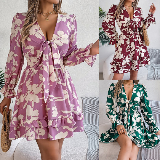 Half-Sleeve Floral A-Line Dress | Ruffle-Hem High-Waist Trousers Dress