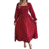 Women's Polka Dot Square-Collar Ruffle-Sleeve Dress in red chiffon with white dots, featuring feminine ruffles and a flattering high waist.
