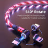 Luminous 540° Rotate charging cable with dynamic LED lights and magnetic connectors for versatile phone charging.