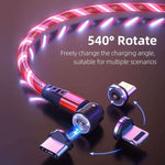 Luminous 540° Rotate charging cable with dynamic LED lights and magnetic connectors for versatile phone charging.