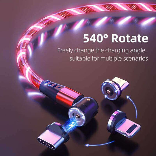 Luminous 540° Rotate charging cable with dynamic LED lights and magnetic connectors for versatile phone charging.