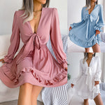 Summer dresses collection featuring solid colors with V-neck and ruffled A-line design for women in pink, blue, and white.