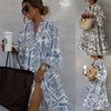 Stylish autumn casual dress with V-neck and flare sleeves, featuring geometric prints in blue and khaki.