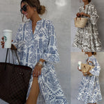 Stylish autumn casual dress with V-neck and flare sleeves, featuring geometric prints in blue and khaki.