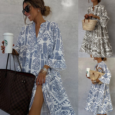 Flare-Sleeve Print Shirt Dress | V-Neck Ruffle-Hem Relaxed Maxi Dress