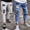 Knee hole zipper jeans in black and blue, featuring fun 'Eat Chicken' patches and distressed design.