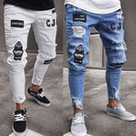Knee hole zipper jeans in black and blue, featuring fun 'Eat Chicken' patches and distressed design.