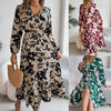 Leisure flower waist-controlled long sleeves ruffled dress available in khaki, wine red, and green floral patterns.