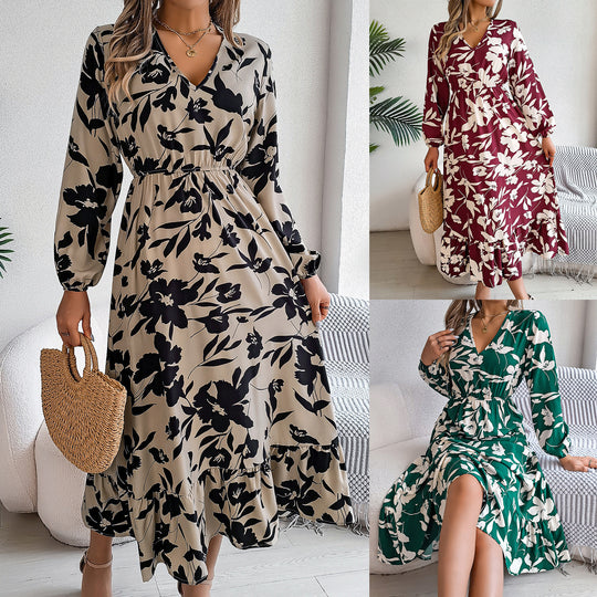 Leisure flower waist-controlled long sleeves ruffled dress available in khaki, wine red, and green floral patterns.