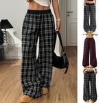 High waist retro plaid loose casual pants in black and red, featuring wide legs and comfortable fit for women.