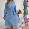 Women's long-sleeved floral pleated skirt in multiple colors: blue, green, pink, purple, and dark blue.