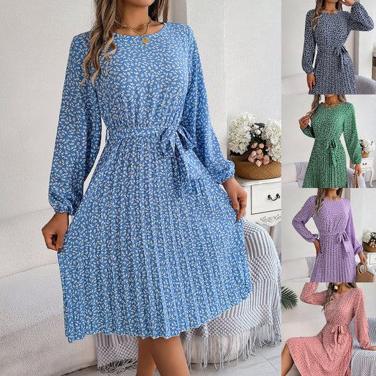 Women's long-sleeved floral pleated skirt in multiple colors: blue, green, pink, purple, and dark blue.