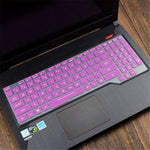 ASUS Flight Laptop keyboard protective film cover in purple silicone on 15.6-inch laptop, showcasing vibrant design.