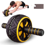 Abdominal fitness wheel with an athletic man exercising, ideal for weight loss and core strengthening.