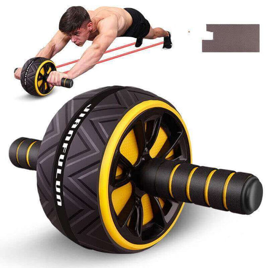 Abdominal fitness wheel with an athletic man exercising, ideal for weight loss and core strengthening.