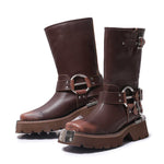 All-match height increasing brown western denim ankle boots with chunky heel and metal buckle detail.