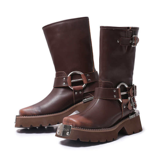 All-match height increasing brown western denim ankle boots with chunky heel and metal buckle detail.