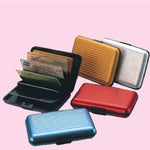 Aluminum alloy credit card bags in various colors for secure storage, including red, blue, gold, and silver.
