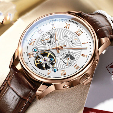 Rose Gold Case Leather Mechanical Watch | 41mm Polished Automatic Calendar