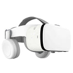 BOBO Z6 VR Bluetooth headset with 3D glasses, features adjustable strap and integrated headphones in sleek white design.