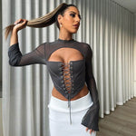 Stylish grey backless long sleeve tie mesh top featuring a crew neck design, perfect for trendy outfits.