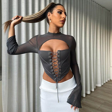 Crew Neck Mesh Back Tie Top | Long Sleeve Open-Back Streetwear Crop
