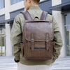 Stylish men's sports backpack in dark brown PU leather, featuring a three-dimensional pocket and buckle for school use.