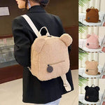 Cute bear-shaped portable backpack in khaki, featuring fuzzy texture and zipper pocket, perfect for travel and shopping.