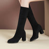 Black suede below the knee stretch boots with chunky heel and pointed toe for women.