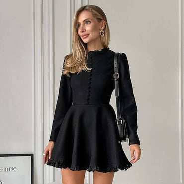 Black Round Neck Lace Hem Design A- Line Skirt