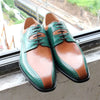Stylish British fashion carved leather shoes in green and brown color combination, featuring a pointed toe and rubber sole.