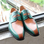 Stylish British fashion carved leather shoes in green and brown color combination, featuring a pointed toe and rubber sole.