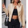 Stylish beige casual long-sleeve imitation leather jacket for women, featuring a zipper front and chic commuting look.