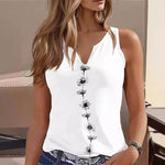 Casual loose V-neck sleeveless white t-shirt with floral print, perfect for street hipster style and summer outings.