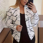 Casual printed small suit jacket for women with a geometric 3D effect pattern in white and black.